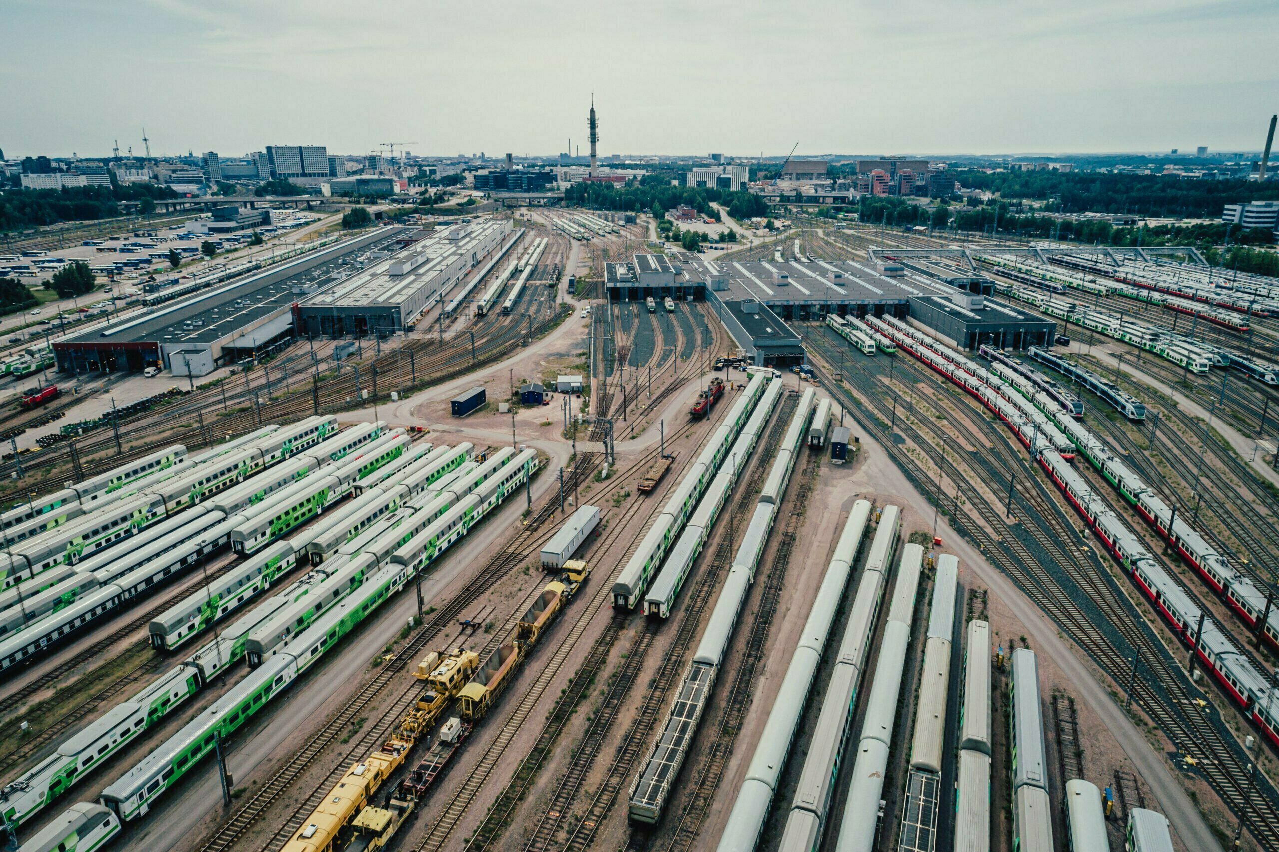 A train yard with many trains in Helsinki, Finland, VR Fleetcare