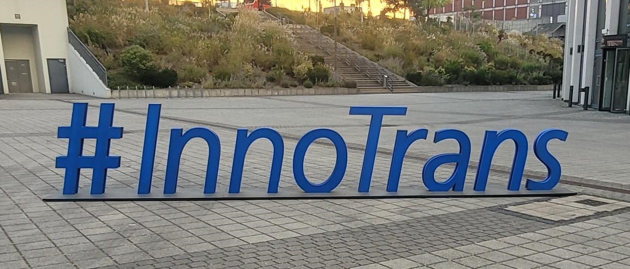Large #InnoTrans sign displayed outside the InnoTrans exhibition venue in Berlin.