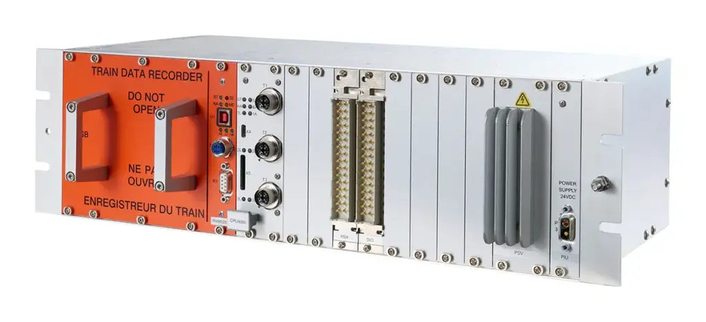 Side view of EKE-Trainnet&reg; Event Recorder for capturing and storing operational and diagnostic data from train systems.