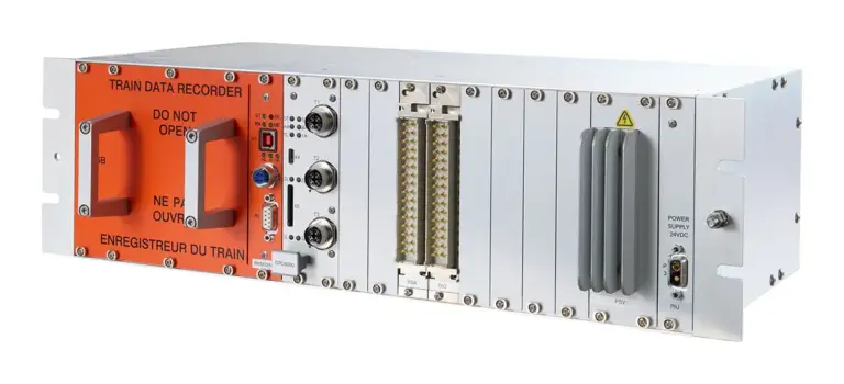 Side view of EKE-Trainnet&reg; Event Recorder for capturing and storing operational and diagnostic data from train systems.