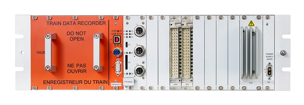 Front view of EKE-Trainnet&reg; Event Recorder for capturing and storing operational and diagnostic data from train systems.