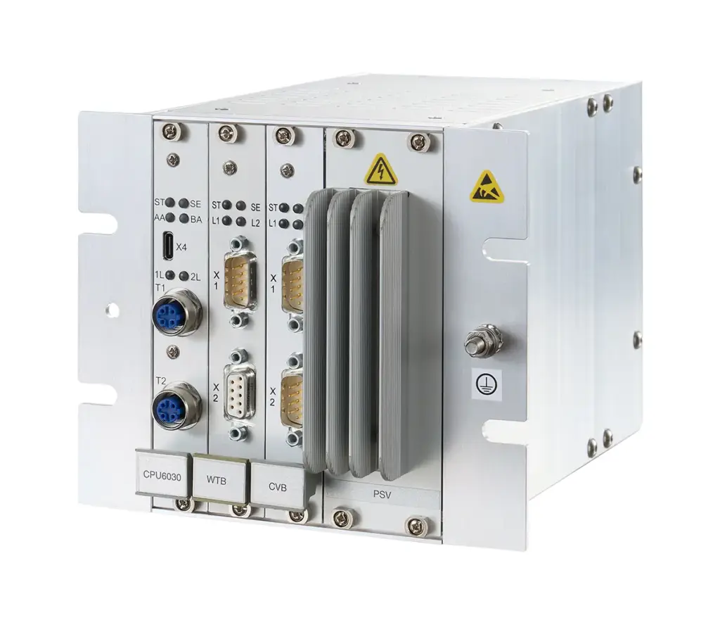 Side view of EKE-Trainnet&reg; Gateway module for communication between train subsystems and networks.