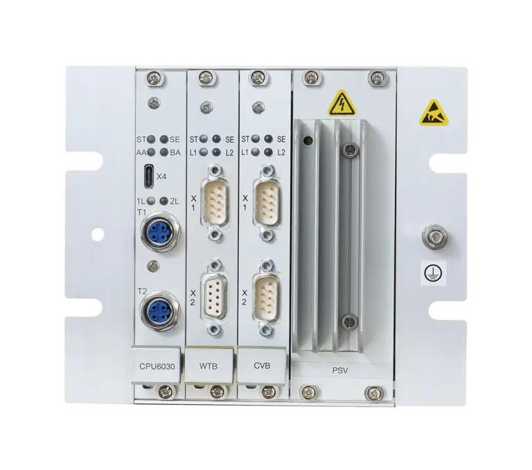 Front view of EKE-Trainnet&reg; Gateway module for communication between train subsystems and networks.