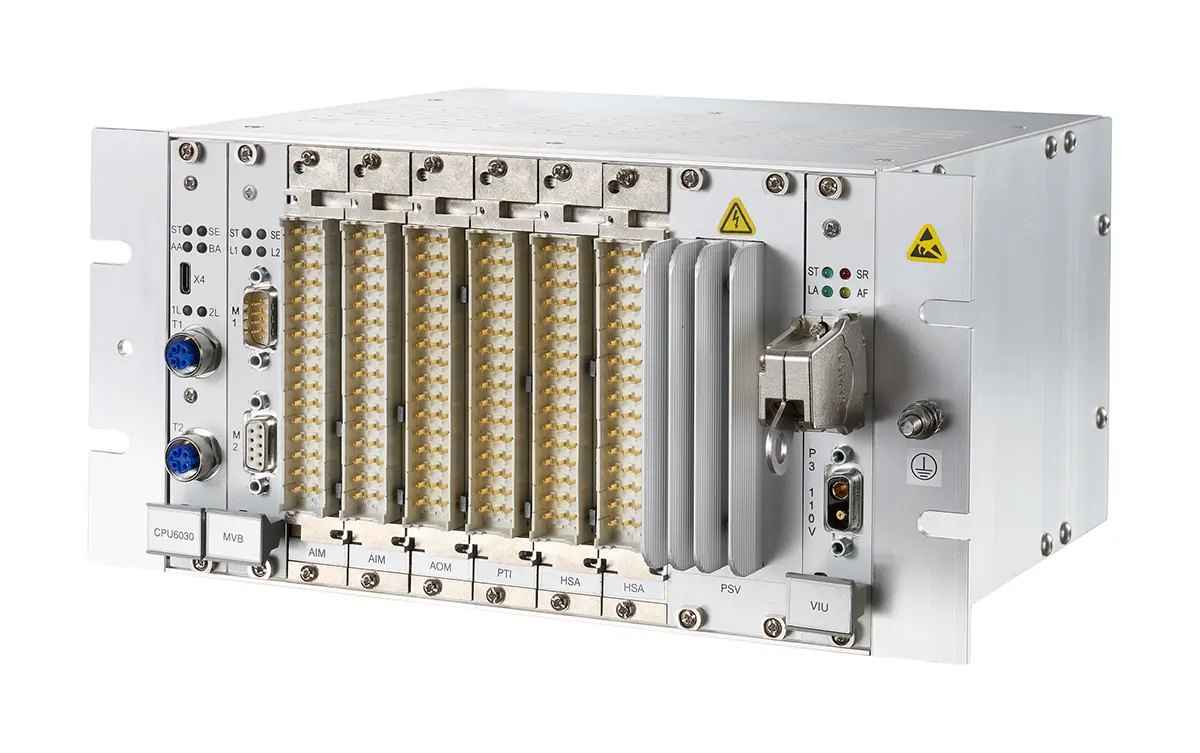 Side view of EKE-Trainnet&reg; Remote Input Output Module (RIOM) for distributed train control system I/O.