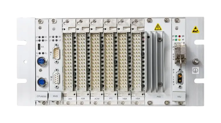 Front view of EKE-Trainnet&reg; Remote Input Output Module (RIOM) for distributed train control system I/O.