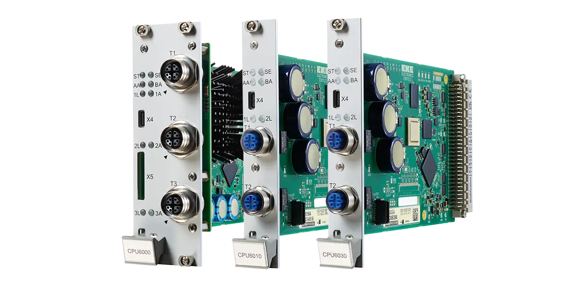 EKE-Trainnet&reg; CPU6000 Series processor modules, including the CPU6000, CPU6010 and CPU6030, for train control, automation and communication applications.