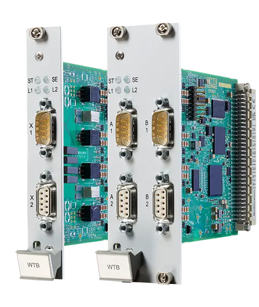 EKE-Trainnet&reg; Wire Train Bus (WTB) Interface Modules with 2-connector and 4-connector configurations for communication and data exchange between train vehicles.